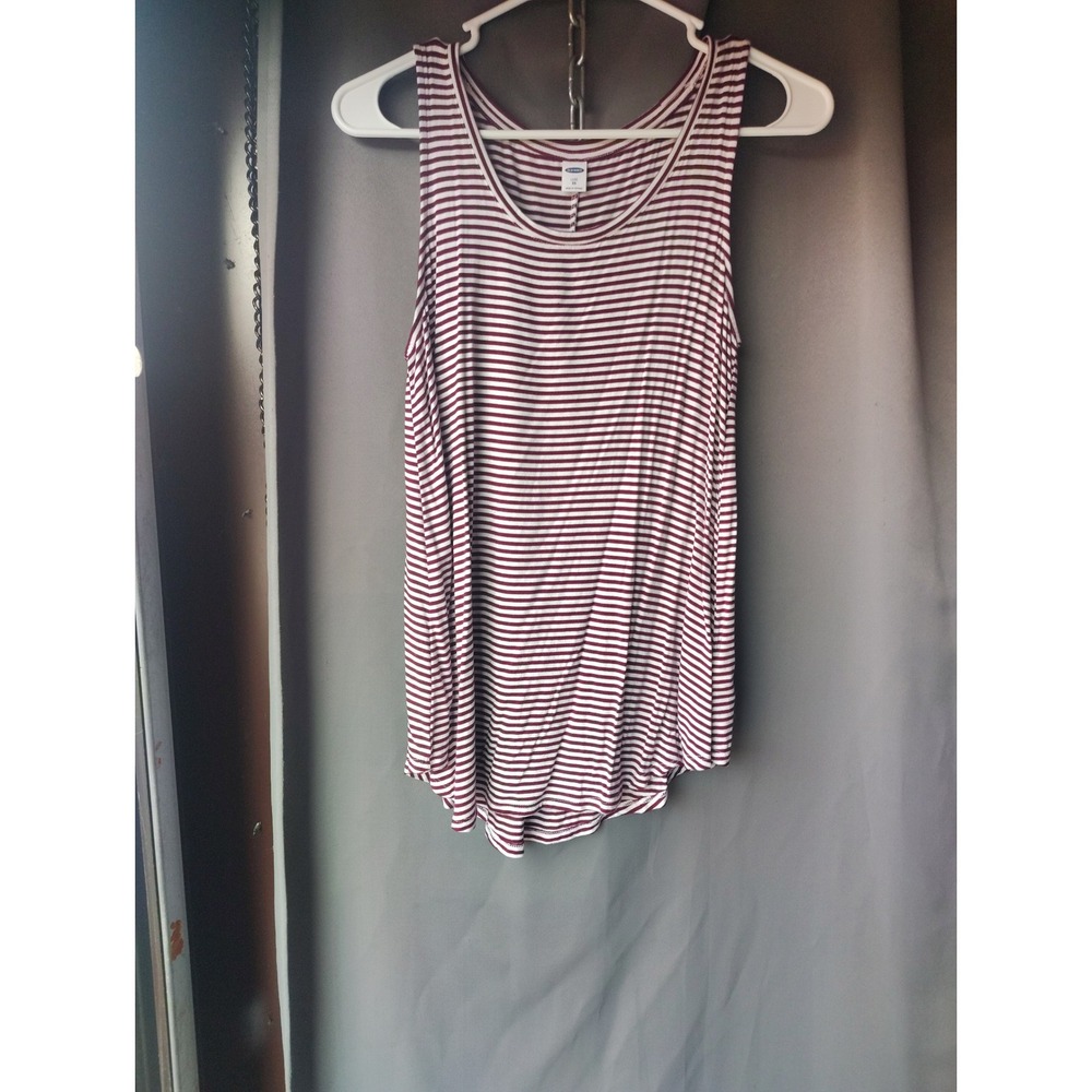 Old Navy Luxe Womens XS Striped Tank Top Burgundy‎ White Sleeveless Curved Hem